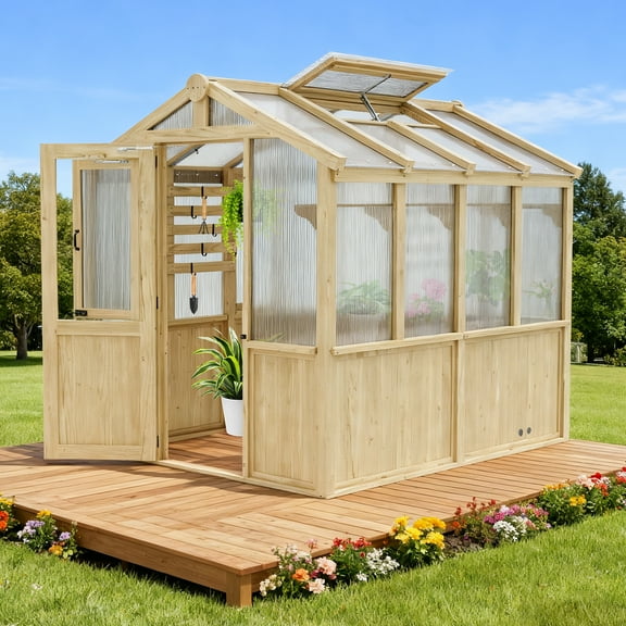 COOS BAY 6.7x7.8x7.7 ft Wood Polycarbonate Walk-in Greenhouse, Outdoor Cedar Hobby Green House with Automatic Roof Vent, Natural
