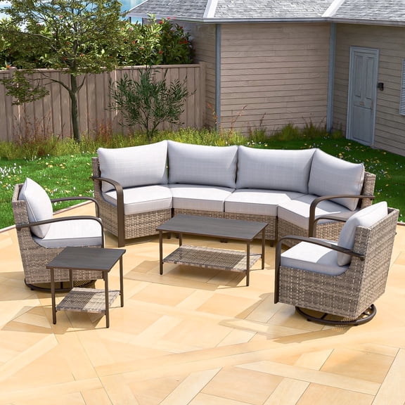 COOS BAY Aurora Terrace 6-Person Brown Wicker Patio Conversation Set with Swivel Rocking Chairs and Coffee Table, Beige Cushion