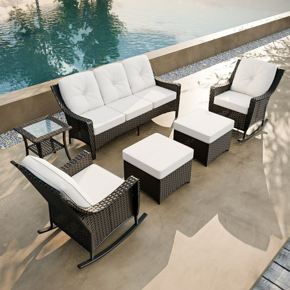COOS BAY Stone Harbor 6-Piece Brown Wicker Patio Furniture Set Outdoor Conversation Set with Beige Olefin Cushions, Rocking Chairs, 3-Seat Sofa, Side Table, Ottomans