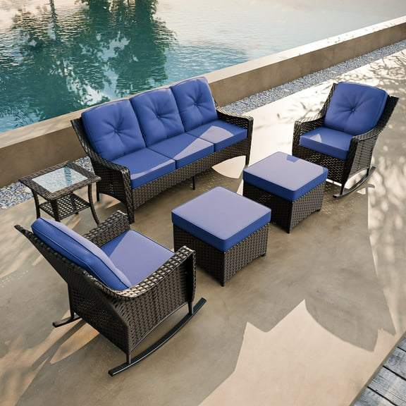 COOS BAY Stone Harbor 6-Piece Brown Wicker Patio Furniture Set Outdoor Conversation Set with Blue Olefin Cushions, Rocking Chairs, 3-Seat Sofa, Side Table, Ottomans