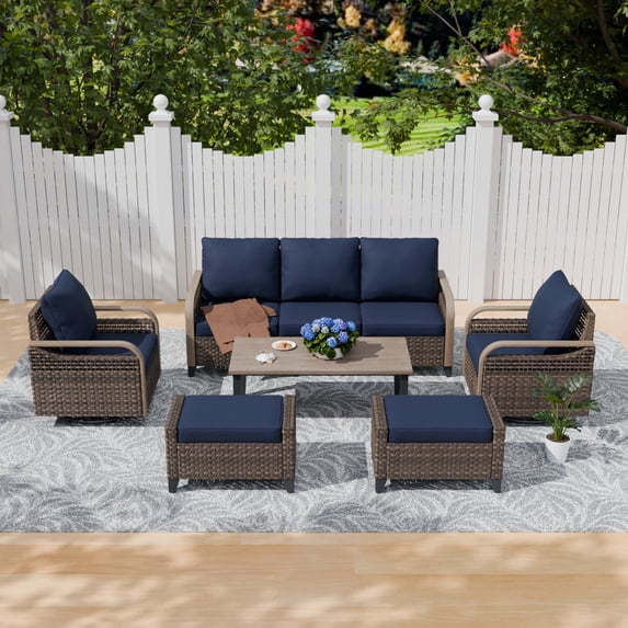 COOS BAY 6 Piece Brown Wicker Patio Sofa Set Outdoor Rattan Furniture Conversation Set 3-Seat Sofa, Swivel Glider Chairs and Ottomans with Blue Cushions, Wood Grain Top Coffee Table