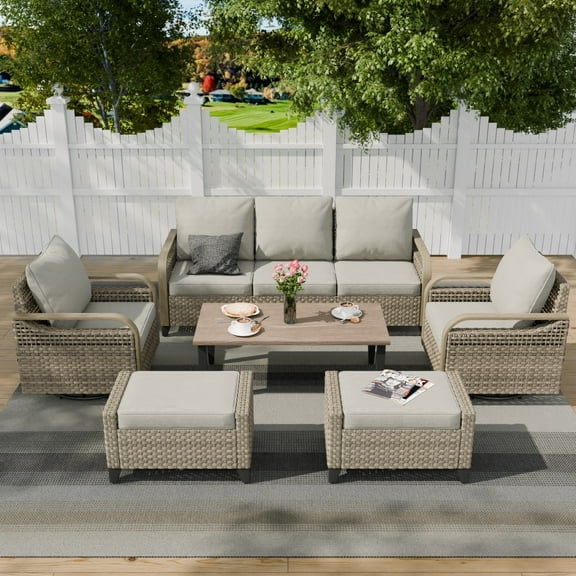 COOS BAY 6 Piece Brown Wicker Patio Sofa Set Outdoor Rattan Furniture Conversation Set 3-Seat Sofa, Swivel Glider Chairs and Ottomans with Gray Cushions, Wood Grain Top Coffee Table