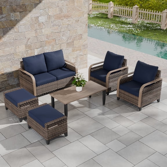 COOS BAY 6 Piece Brown Wicker Patio Sofa Set Outdoor Rattan Furniture Conversation Set Loveseat, Dining Chairs and Ottomans with Blue Cushions, Wood Grain Top Tables
