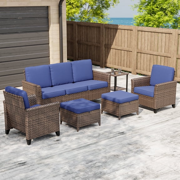 COOS BAY Harbor Retreat 6-Piece Mix Brown Rattan Wicker Outdoor Patio Conversation Set Curved Armrest Dining Chairs and 3-Seat Sofa, Coffee Table, Ottomans, Blue Cushions