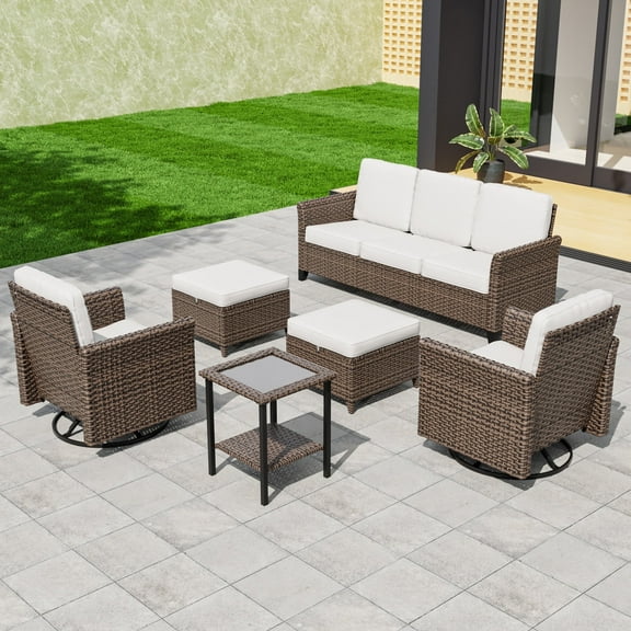 COOS BAY Harbor Retreat 6-Piece Mix Brown Rattan Wicker Outdoor Patio Conversation Set Curved Armrest Swivel Rocking Chairs and 3-Seat Sofa, Coffee Table, Ottomans, Beige Cushions