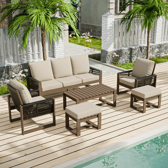 COOS BAY 6PCS Patio Conversation Sets, Natural Real Wood Cedar Spacious Seat, Outdoor Solid Wood Chair with Cushion and Coffee Table, Outdoor Sofa Set for Garden, Backyard,&nbsp;Beige