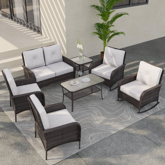COOS BAY 7 Pieces Outdoor Patio Wicker Patio Conversation Set With Beige Cushions - Loveseat, Armchairs, Rocking Chairs and Tables