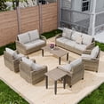 thumbnail image 1 of COOS BAY 8 Piece Brown Wicker Patio Sofa Set Outdoor Rattan Furniture Conversation Set 3-Seat Sofa,Loveseat, Dining Chairs and Swivel Glider Chairs with Gray Cushions, Wood Grain Top Tables, 1 of 12