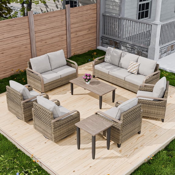 COOS BAY 8 Piece Brown Wicker Patio Sofa Set Outdoor Rattan Furniture Conversation Set 3-Seat Sofa,Loveseat, Dining Chairs and Swivel Glider Chairs with Gray Cushions, Wood Grain Top Tables