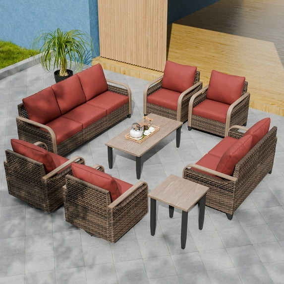 COOS BAY 8 Piece Brown Wicker Patio Sofa Set Outdoor Rattan Furniture Conversation Set 3-Seat Sofa,Loveseat, Dining Chairs and Swivel Glider Chairs with Red Cushions, Wood Grain Top Tables