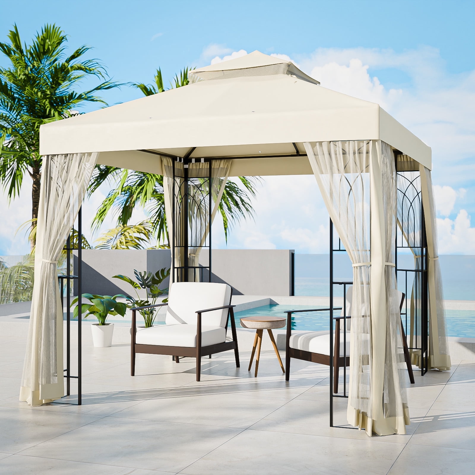 COOS BAY 8 ft. W x 8 ft. D Beige Outdoor Patio Soft Vented Top Gazebo with Zipped Netting, Corner Shelves, Ceiling Hook