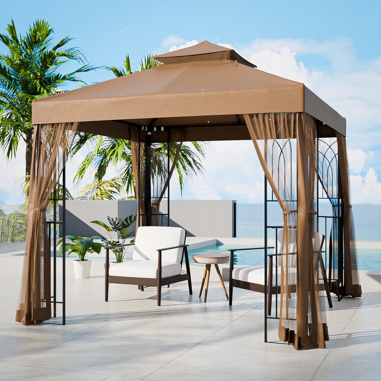 COOS BAY 8 ft. W x 8 ft. D Brown Outdoor Patio Soft Vented Top Gazebo with Zipped Netting, Corner Shelves, Ceiling Hook