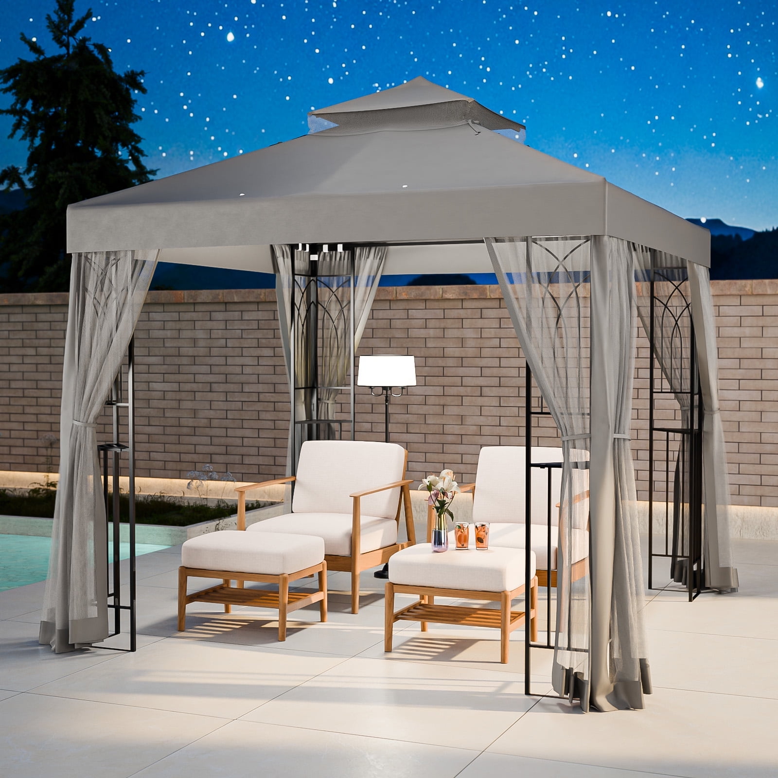 COOS BAY 8 ft. W x 8 ft. D Gray Outdoor Patio Soft Vented Top Gazebo with Zipped Netting, Corner Shelves, Ceiling Hook