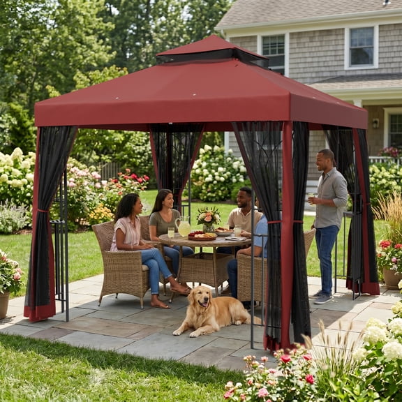 COOS BAY 8 ft. W x 8 ft. D Red Outdoor Patio Soft Vented Top Gazebo with Zipped Netting, Corner Shelves, Ceiling Hook