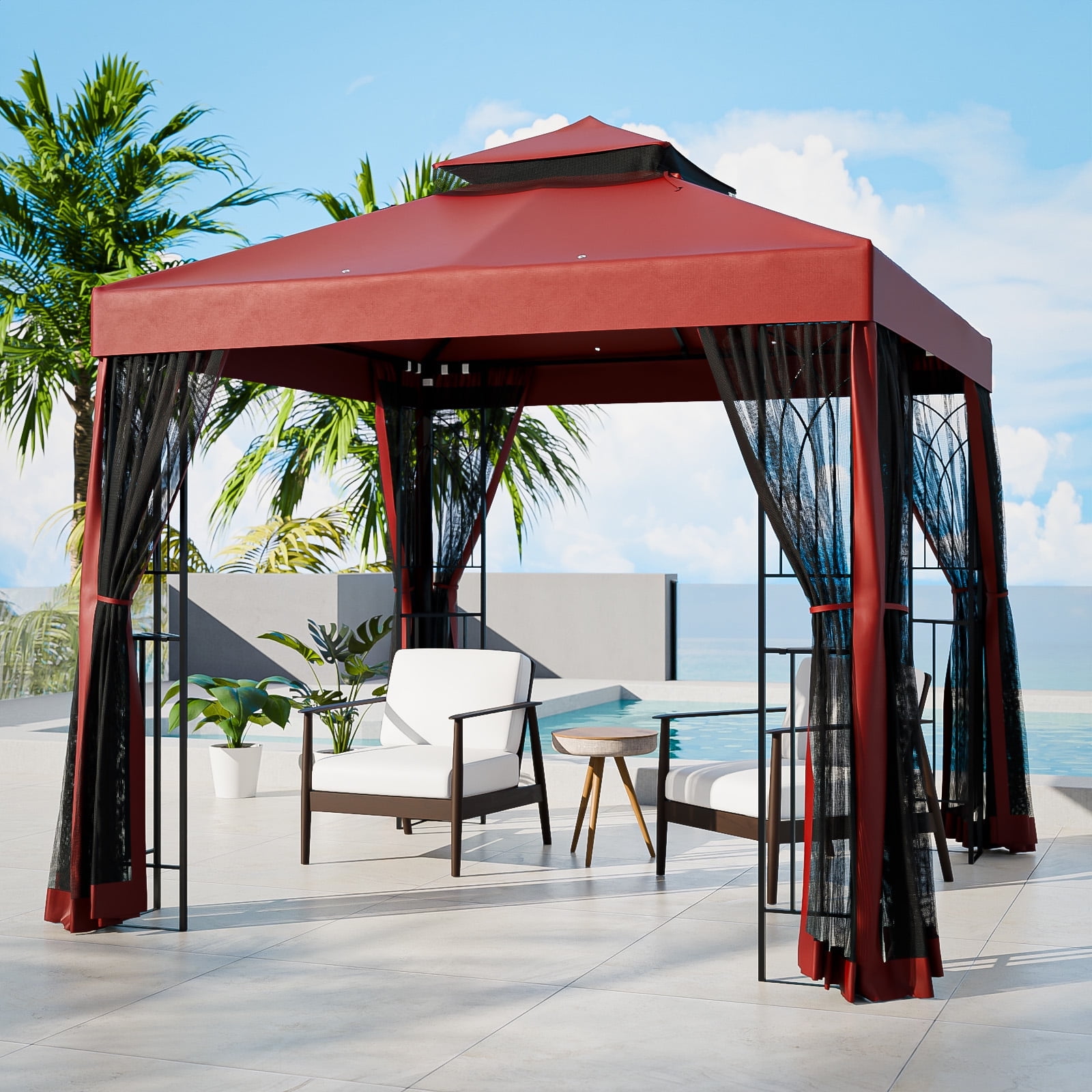 COOS BAY 8 ft. W x 8 ft. D Red Outdoor Patio Soft Vented Top Gazebo with Zipped Netting, Corner Shelves, Ceiling Hook