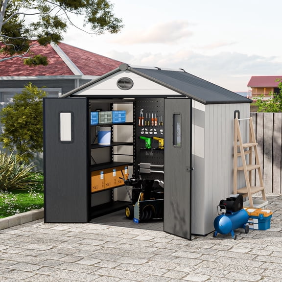 COOS BAY 8x6ft Outdoor Resin Garden Shed, Plastic Patio Storage Tool Shed with Lockable Door and Window, White/Gray
