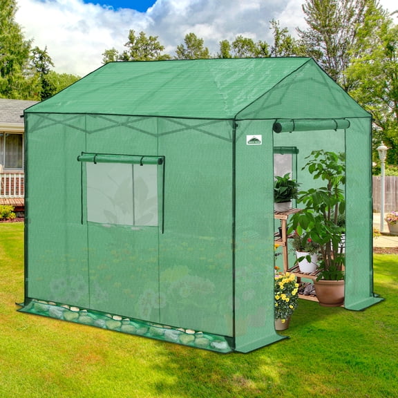 EAGLE PEAK 8x8 FT Portable Walk-in Greenhouse, Pop up Outdoor Green House with Power Access Openings, Green