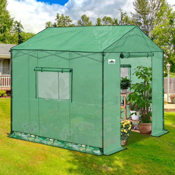 EAGLE PEAK 8x8 FT Portable Walk-in Greenhouse, Pop up Outdoor Green House with Power Access Openings, Green