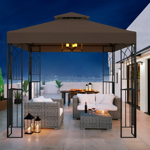 COOS BAY 8x8 Outdoor Patio Gazebo with Corner Shelves, Two-Tier Soft Top Canopy for Backyard, Lawn, Deck and Garden, Brown