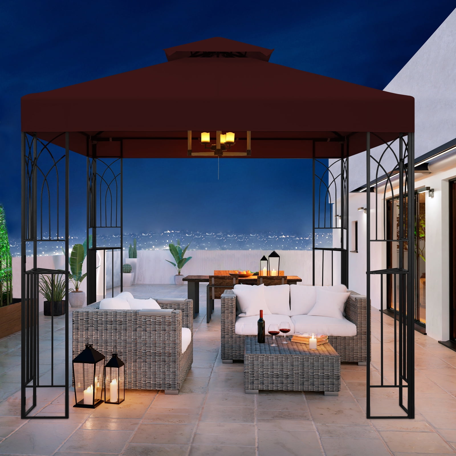 8x8 Red Metal Patio Gazebo with Corner Shelves