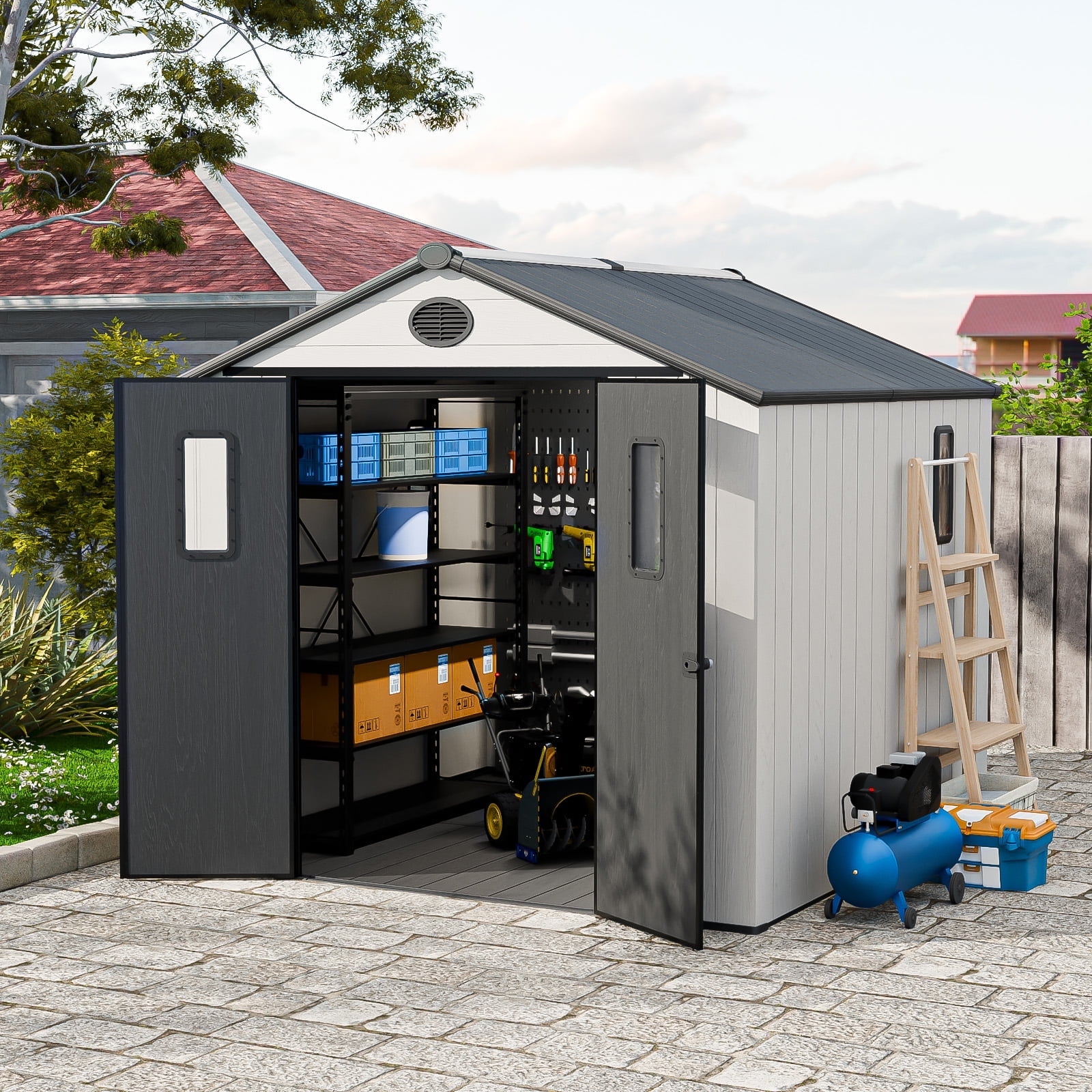 COOS BAY 8x8ft Outdoor Resin Garden Shed, Plastic Patio Storage Tool Shed with Lockable Door and Window, White/Gray
