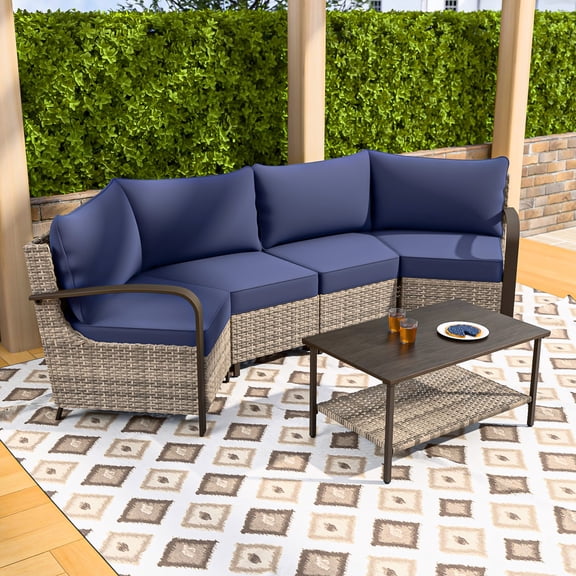 COOS BAY Aurora Terrace 4-Person Brown Wicker Rattan Patio Conversation Set Sectional Seating Group Metal Curved Armrest Lounge Chairs, Coffee Tables, Blue