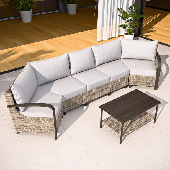 COOS BAY Aurora Terrace 5-Person Brown Wicker Rattan Patio Conversation Set Sectional Seating Group Metal Curved Armrest Lounge Chairs, Coffee Tables, Beige