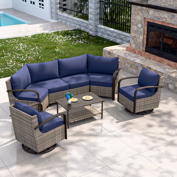 COOS BAY Aurora Terrace Brown Wicker Patio Conversation Set with Curved Armrest, Swivel Rocking Chairs and Coffee Table, Blue Cushions