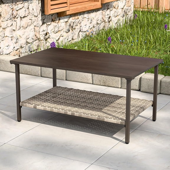 COOS BAY Aurora Terrace Outdoor Coffee Table with 2-Tier Storage, Metal Patio Table for Garden, Balcony, Poolside, Porch, Wood Grain Top