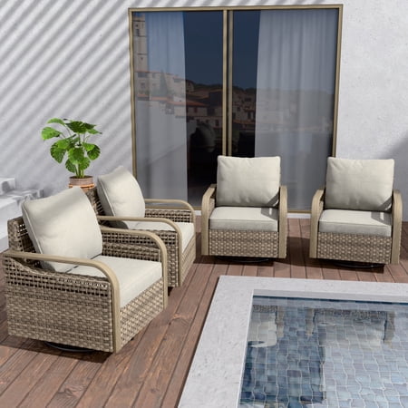 COOS BAY Brown Wicker Rattan Outdoor Patio 360° Swivel Rocking Glider Chair with Gray Cushions for Garden, Poolside, Backyard (Set of 4)