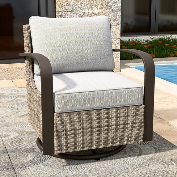 COOS BAY Aurora Terrace Brown Wicker Rattan Patio Swivel Rocking Glider Chair, Metal Curved Armrest, Beige Cushion