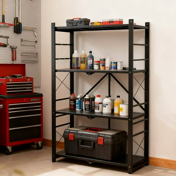 COOS BAY Foldable Greenhouse Shelf, 480 lbs Heavy-Duty Metal Storage Shelf, 4-Tier Storage Shelf Unit, Black