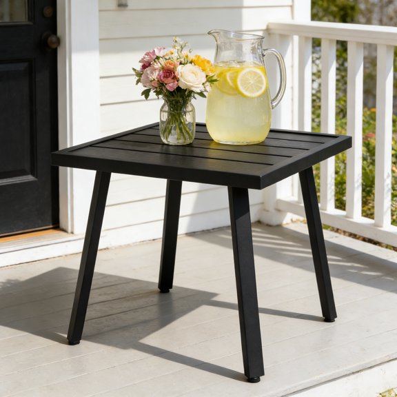 COOS BAY Indoor Outdoor Small Metal Side Table, Modern Square End Table with Slatted Top and Tapered Legs, Black