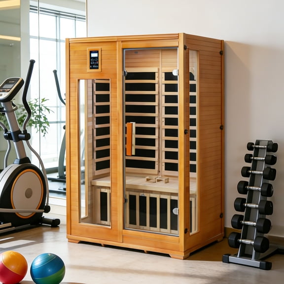 COOS BAY Infrared Sauna Home Sauna Spa Room for 2 Person Low-EMF Canadian Hemlock Wood with Light Therapy and Bluetooth Speakers, Brown