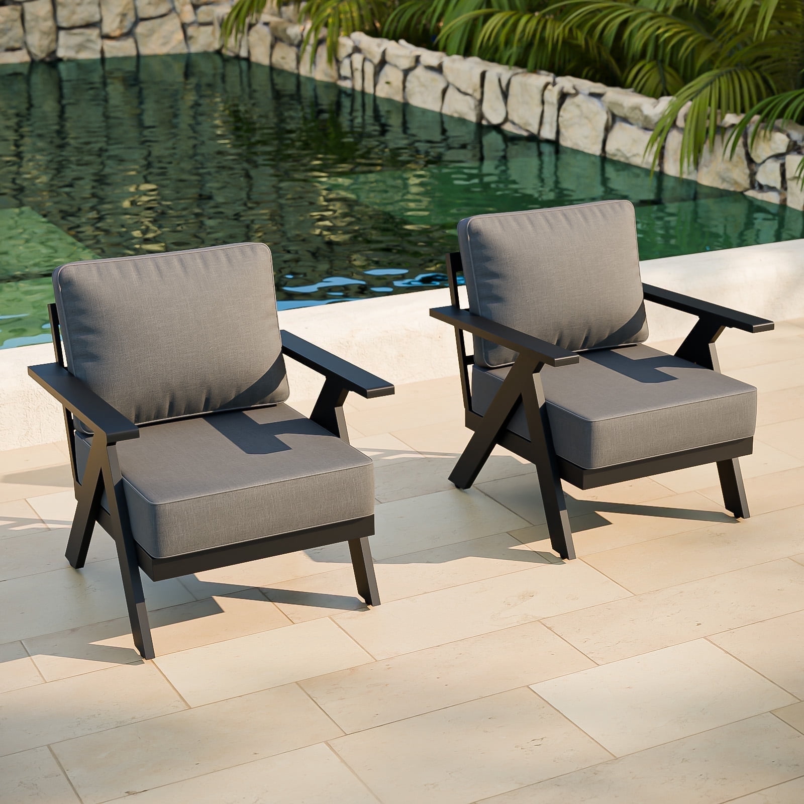 COOS BAY Iron Luxe 2 PCS Modern Outdoor Aluminum Patio Chairs, Black/Gray
