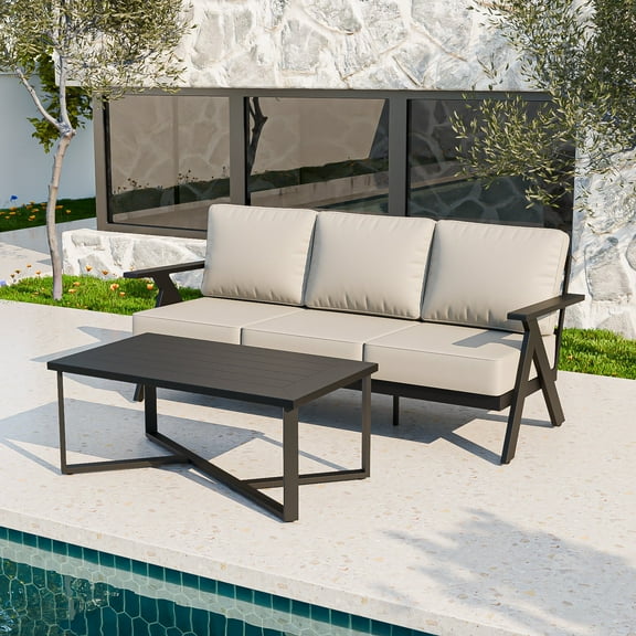 COOS BAY Iron Luxe 2 PCS Modern Outdoor Patio Furniture Set, Aluminum Patio Sofa Set 3 Seat Couch and Coffee Table Set, Black/Beige