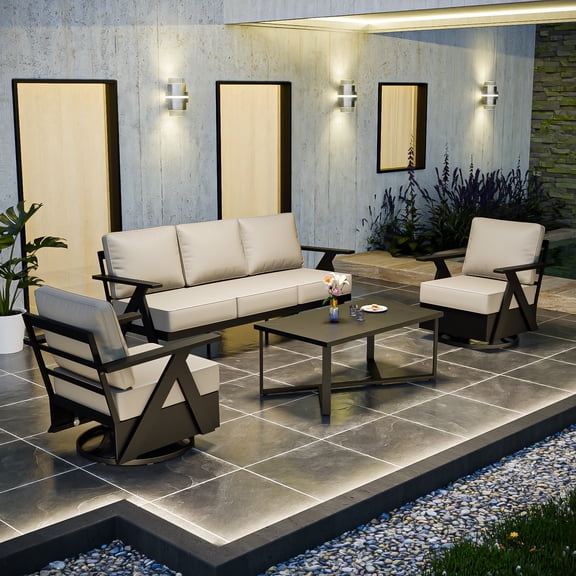 COOS BAY Iron Luxe 5 PCS Modern Outdoor Aluminum Patio Furniture Set, Swivel Rocking Chairs 3 Seat Couch, Coffee Table and Side Table Set, Black/Beige