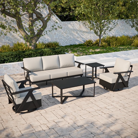 COOS BAY Iron Luxe 5 PCS Modern Outdoor Aluminum Patio Furniture Set, Swivel Rocking Chairs 3 Seat Couch, Coffee Table and Side Table Set, Black/Beige