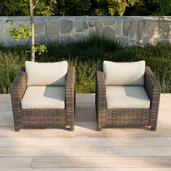 COOS BAY Lanai Chic 2 PCS Thickened rattan Patio Chairs, Outdoor Wicker Furniture with Wide Armrest and Soft Cushions
