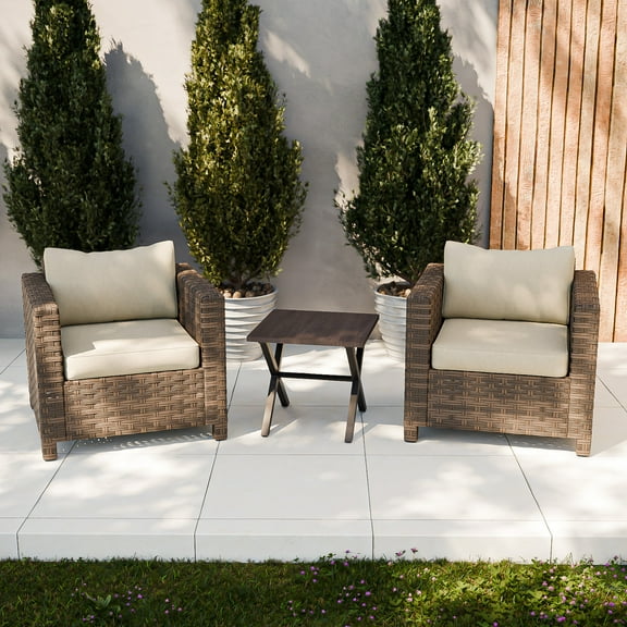 COOS BAY Lanai Chic 3 Pieces All-Weather Patio Set, Outdoor Widened Wicker Chairs with Side Table, Cushions and High Back for Garden, Backyard