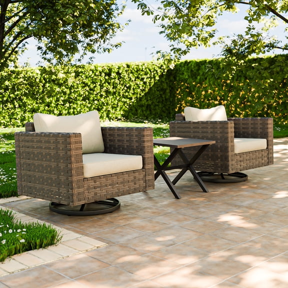 COOS BAY Lanai Chic 3PCS Luxury Outdoor Swivel Wicker Glider Patio Chairs with Table Set, Cushion Include