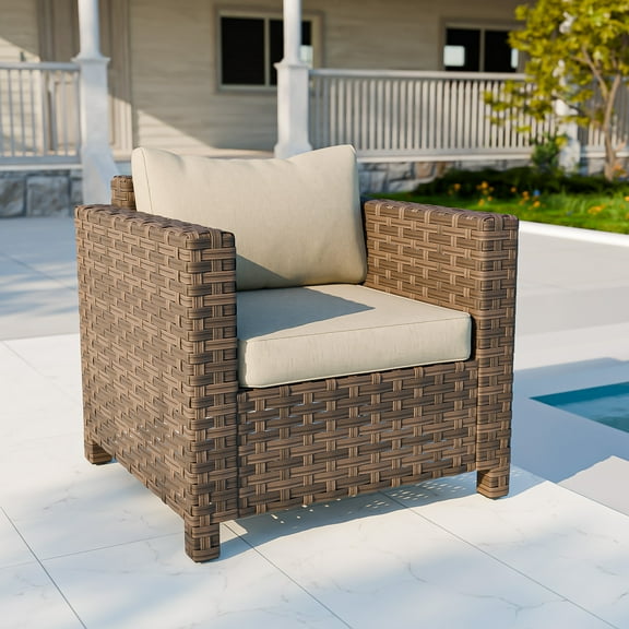 COOS BAY Lanai Chic Thickened rattan Patio Chair, Outdoor Wicker Furniture with Wide Armrest and Soft Cushions