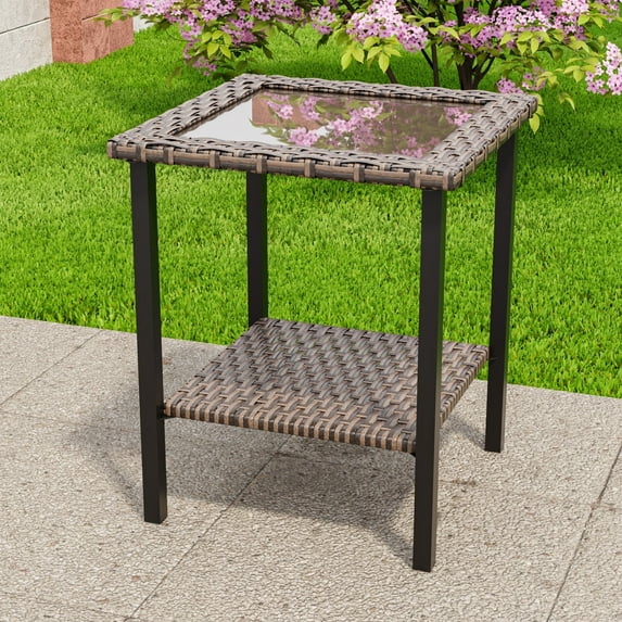 COOS BAY Harbor Retreat Mix Brown Rattan Wicker Outdoor Patio 2-Tiers Square Coffee Table With Black Glass Top
