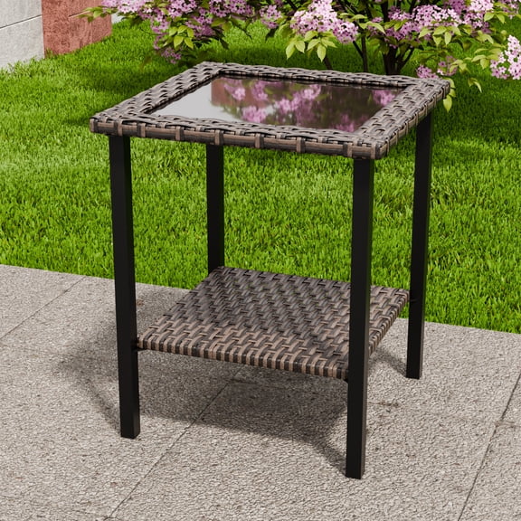 COOS BAY Harbor Retreat Mix Brown Rattan Wicker Outdoor Patio 2-Tiers Square Coffee Table With Black Glass Top