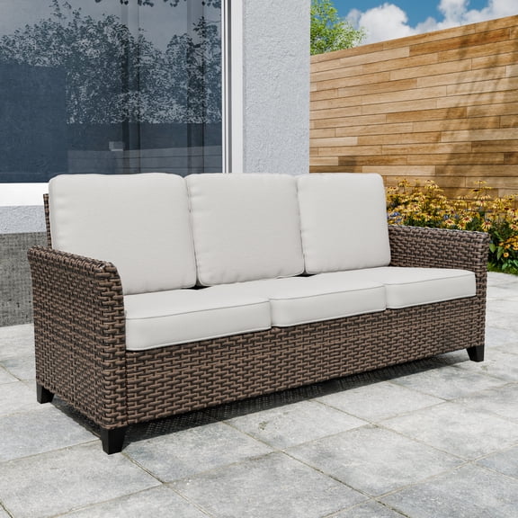 COOS BAY Harbor Retreat Mix Brown Rattan Wicker Outdoor Patio 3-Seat Sofa Couch with Curved Armrest, Beige Cushions