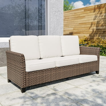 COOS BAY Harbor Retreat Mix Brown Rattan Wicker Outdoor Patio 3-Seat Sofa Couch with Curved Armrest, Beige Cushions