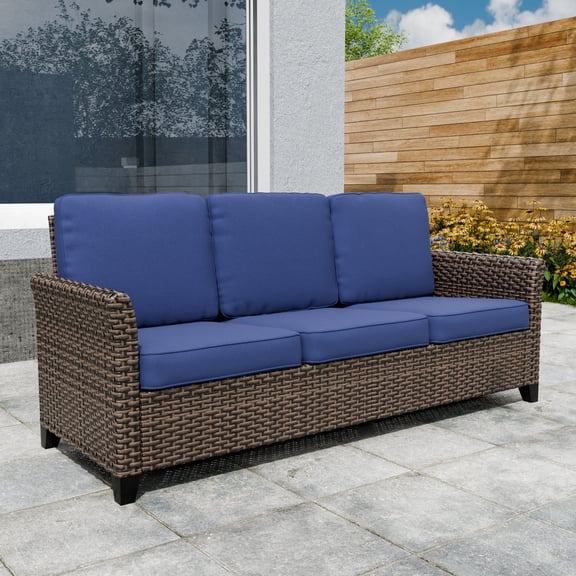 COOS BAY Harbor Retreat Mix Brown Rattan Wicker Outdoor Patio 3-Seat Sofa Couch with Curved Armrest, Blue Cushions