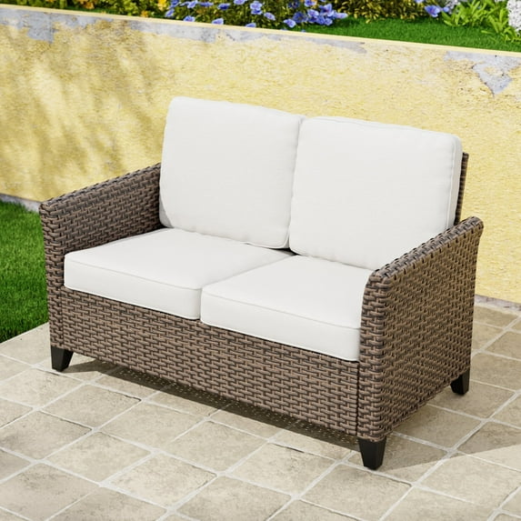 COOS BAY Harbor Retreat Mix Brown Rattan Wicker Outdoor Patio Loveseat with Curved Armrest, Beige Cushions