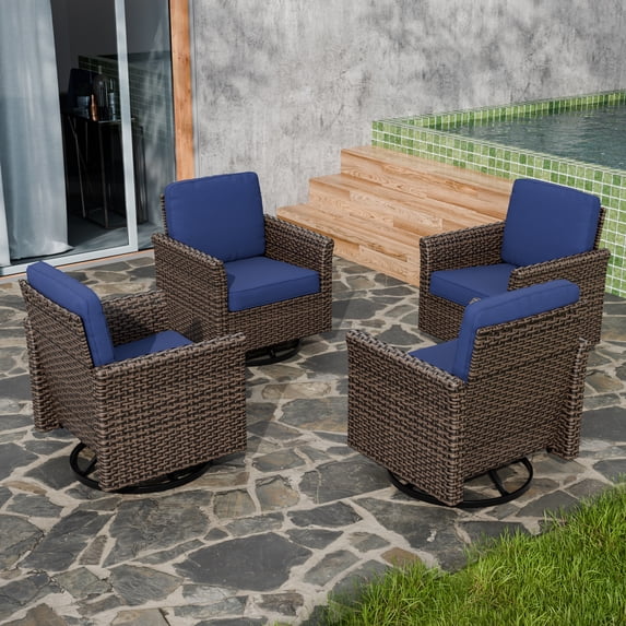 COOS BAY Harbor Retreat Mix Brown Rattan Wicker Outdoor Patio Swivel Glider Rocking Chairs with Curved Armrest, Blue Cushions, Set of 4
