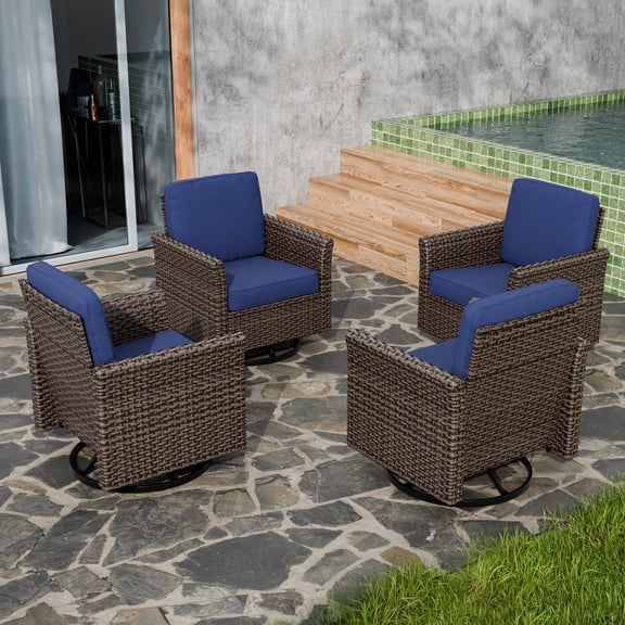 COOS BAY Harbor Retreat Mix Brown Rattan Wicker Outdoor Patio Swivel Glider Rocking Chairs with Curved Armrest, Blue Cushions, Set of 4